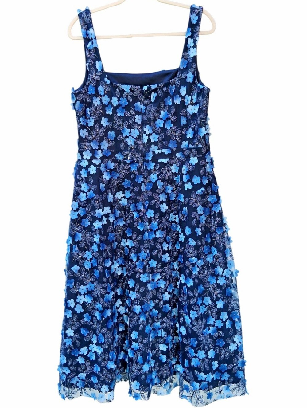 Xscape Blue 3D Floral Applique Square-Neck Fit & Flare Midi Dress Size 16 - Picture 6 of 11